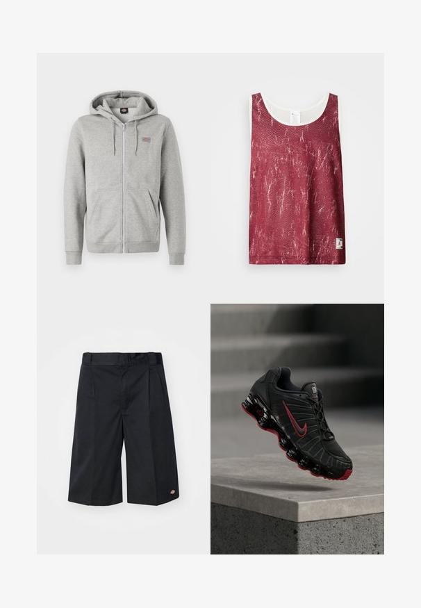 Graue Kapuzenjacke mit Reißverschluss aus einem weichen Baumwollmix. Besitzt eine Kordelzugkapuze, zwei Vordertaschen und ein kleines Logo auf der Brust.; Rotes Netz-Tanktop mit einem leicht verblassten, abgenutzten Muster. Verfügt über weiße Besätze entlang des Ausschnitts und der Armlöcher sowie ein kleines Logotag an der Unterseite.; Schwarze Shorts mit maßgeschneidertem Design, mit flachen Vorderfalten, einem standardmäßigen Bund und Seitentaschen. Hergestellt aus robustem Stoff.; Schwarzer und roter Nike-Sportschuh mit sichtbarer federartiger Sohle, der auf der Kante einer Betonstufe balanciert.