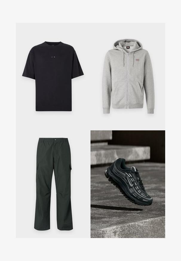 Sivý zipsový hoodie vyrobený z mäkkej bavlnenej zmesi. Obsahuje kapucňu so šnúrou, dve predné vrecká a malé logo na hrudi.; Oakley RISE TEE - Základné tričko - blackout; Tmavo zelené cargo nohavice s voľným strihom, elastickým pásom, prešitými vreckami a hladkou, ľahkou textúrou látky.; Čierno-sivá teniska Nike Air Max vznášajúca sa nad sivými betónovými schodmi s textúrovaným pozadím zeme.