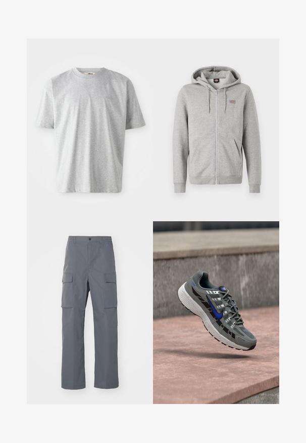Haut à zip gris fabriqué en doux mélange de coton. Il dispose d'une capuche avec cordon de serrage, de deux poches avant et d'un petit logo sur la poitrine.; T-shirt gris à manches courtes en tissu doux. Il présente un col rond et un logo subtil brodé sur le devant.; Pantalons cargo gris en tissu résistant. Les caractéristiques incluent une taille élastique, deux grandes poches latérales et une coupe droite.; Chaussure de course Nike grise et noire avec un swoosh bleu et une semelle blanche flottant au-dessus d'une surface en pierre.