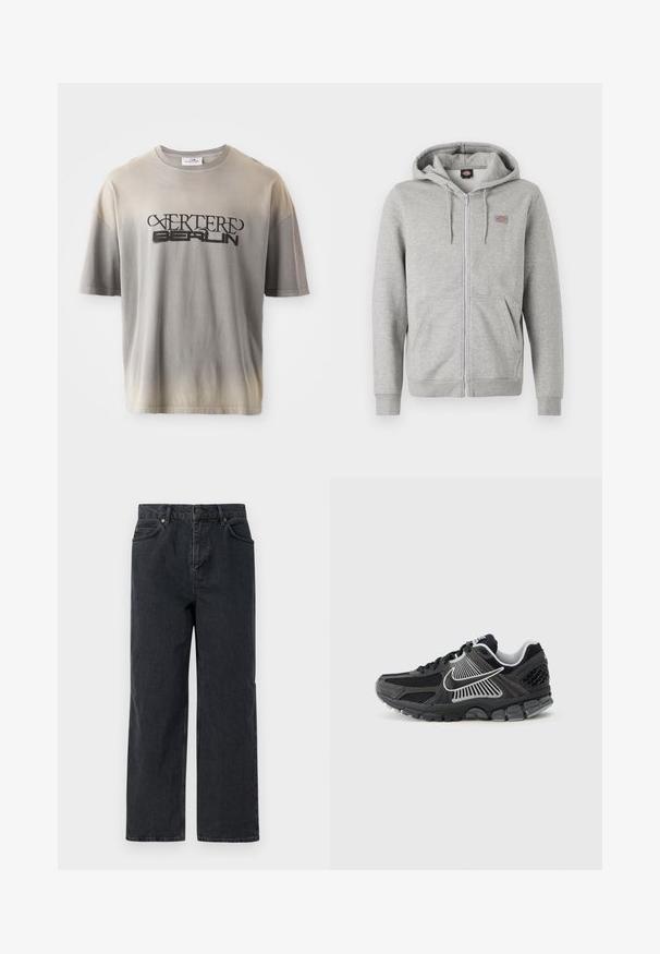 Graue Kapuzenjacke mit Reißverschluss aus einem weichen Baumwollmix. Besitzt eine Kordelzugkapuze, zwei Vordertaschen und ein kleines Logo auf der Brust.; Grau verlaufendes T-Shirt mit kurzen Ärmeln, das einen schwarzen Druck von "VERTERE BERLIN" in einer stilisierten Schriftart aufweist, mit weicher Textur und lockerer Passform.; Dunkelblaue Denim-Hosen mit weitem Bein, Fünf-Taschen-Design und Knopfverschluss. Enthält Hardware in kupferfarbener Ausführung und eine subtile Textur.; Schwarzer Sportschuh mit Mesh-Einsätzen und synthetischen Akzenten. Verfügt über eine abgerundete Zehenpartie, eine dicke gepolsterte Sohle und kontrastreiche weiße Logodetails.