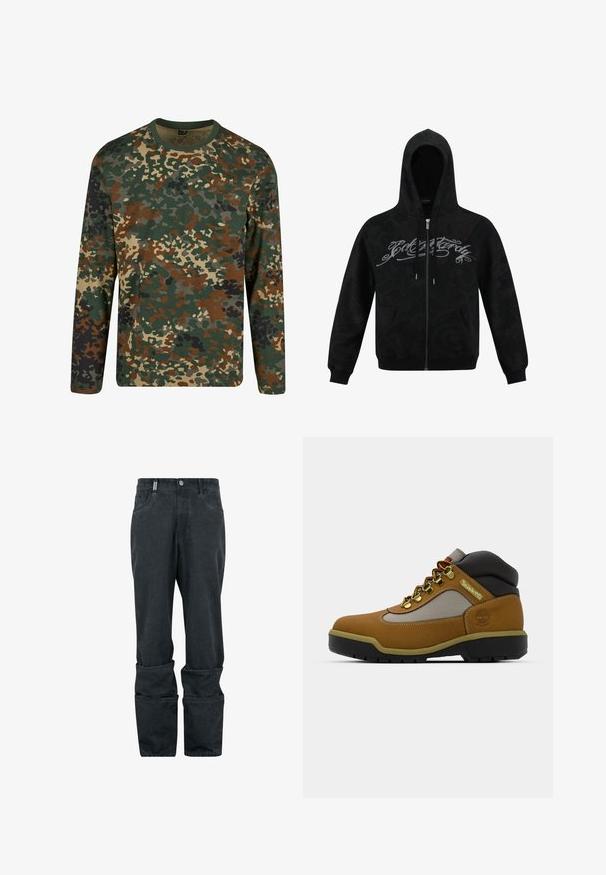 Sort zip-up hoodie med et tekstureret design, kontrasterende sølvfarvet skriftlogo, snører i huen og forlommer. Blødt stof med ribbede manchetter.; Langærmet camouflage t-shirt i grøn, brun og beige med rund halsudskæring. Har et blandet mønster af uregelmæssige pletter og teksturer.; Sorte denimbukser med en let glans, der har en knap- og lynlås-lukning, to frontlommer og omfoldede manchetter.; Brun vandrestøvle med grå og sorte accenter, tekstureret læderoverdel, metaløjer og en robust gummisål til godt greb.