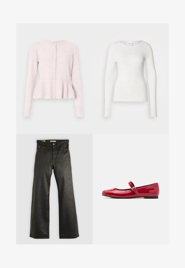 Cárdigan rosa claro con mangas largas, cuerpo texturizado y bajo con vuelo. Cinco botones redondos al frente añaden detalle. Material de punto suave.; Camiseta blanca de manga larga en un tejido suave y ligero con escote redondo y ajuste slim, con una textura sutil.; Pantalones de mezclilla anchos negros con una textura suave, que presentan cinco bolsillos y detalles en metal color cobre. Cierre clásico con botón.; Bailarinas de charol rojas tipo Mary Jane con punta cuadrada, correa con hebilla y un bajo tacón negro. Textura suave y acabado brillante.