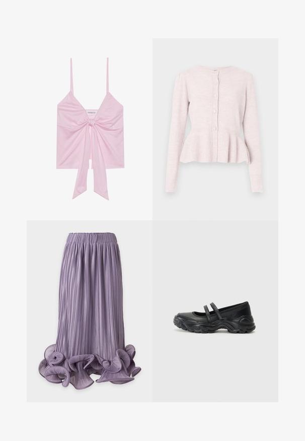 Cardigan rose clair à manches longues, buste texturé et ourlet volanté. Cinq boutons ronds à l'avant ajoutent du détail. Matière en tricot doux.; Top sans manches rose avec un détail de nœud à l'avant, doté de fines bretelles et d'une texture douce et lisse. Design décontracté avec une coupe légèrement ample.; Jupe midi plissée lavande avec ourlet volanté et bouclé et taille élastique sur fond uni.; Ballerines noires en cuir avec deux brides réglables, un bout rond et une semelle en caoutchouc texturé pour une meilleure adhérence.