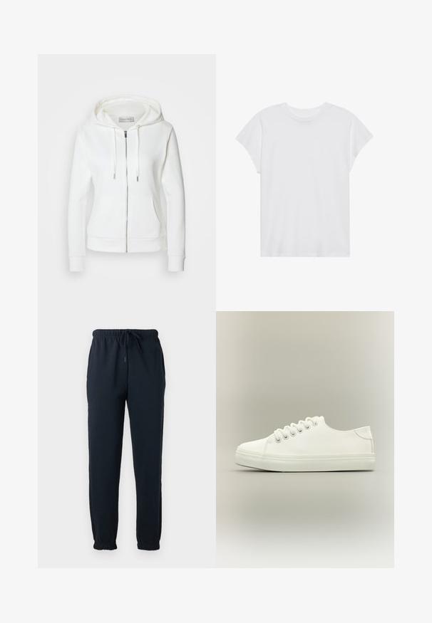 Veste à capuche blanche zippée avec une texture douce, capuche avec cordon de serrage, deux poches avant et poignets côtelés. Design simple avec des lignes épurées et sans motifs.; T-shirt blanc à manches courtes, col rond, coupe décontractée, en tissu de coton doux. Texture lisse, sans motifs ni logos.; Pantalon de survêtement noir avec taille élastique, cordon, poches latérales et poignets élastiques aux chevilles.; Baskets basses blanches avec lacets blancs et semelle en caoutchouc, vues de côté sur un fond neutre.