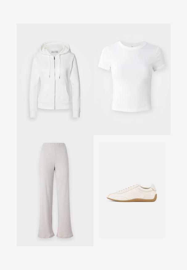 Veste à capuche blanche zippée avec une texture douce, capuche avec cordon de serrage, deux poches avant et poignets côtelés. Design simple avec des lignes épurées et sans motifs.; T-shirt courte à manches courtes, blanche, avec un col rond, présentée sur un fond neutre et lumineux.; Pantalons évasés beige clair en tissu texturé, avec une taille élastique et une coupe large, idéaux pour un usage décontracté.; Baskets en cuir blanc à texture lisse, bout arrondi et coutures ton sur ton. Elles comportent une semelle en caoutchouc beige et une fermeture à lacets.