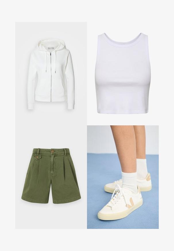 Weißer Reißverschluss-Hoodie mit weicher Textur, Kapuze mit Kordelzug, zwei vorderen Taschen und gerippten Bündchen. Einfaches Design mit klaren Linien und ohne Muster.; Weißes Crop-Top aus geripptem Stoff, mit rundem Ausschnitt und ärmellosem Design in körperbetonter Silhouette. Keine Muster oder Akzente.; Khaki-Shorts aus Baumwolle mit einem gefalteten Design, einem Knopf auf der Taille und Seitentaschen. Glatte Textur und gerader Beinausschnitt.; Weiße Sneaker mit braunen Akzenten, runder Spitze und weißen Schnürsenkeln. Getragen mit gerippten weißen Socken, vor einem hellblauen Hintergrund.