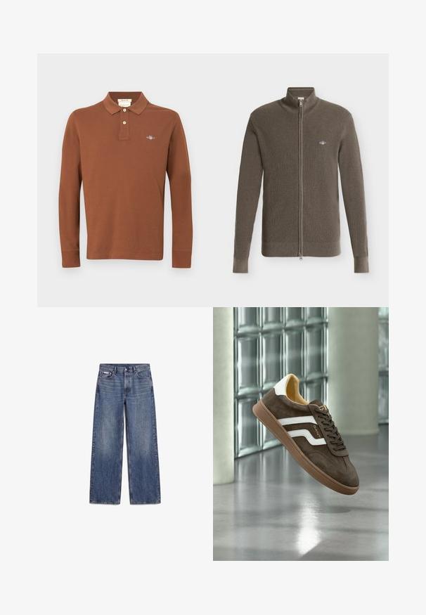 Cardigan marron tricoté à manches longues avec fermeture éclair, col montant et petit logo brodé sur le côté gauche de la poitrine.; Polo marron à manches longues en coton avec une patte de boutonnage à trois boutons et un logo brodé sur la poitrine. Texture lisse.; Jean en denim bleu coupe droite avec poches avant, passants de ceinture et fermeture par boutons, posé à plat sur fond blanc.; Baskets en daim marron avec des bandes latérales blanches et une semelle en gomme, présentées flottant à l'intérieur sur un sol en béton poli près de briques de verre.