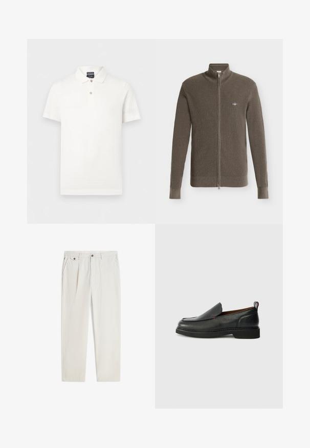Cardigan marron tricoté à manches longues avec fermeture éclair, col montant et petit logo brodé sur le côté gauche de la poitrine.; Polo blanc à manches courtes avec un tissu à motif texturé, deux boutons au col et une étiquette de marque à l'intérieur du col.; Pantalon beige décontracté avec passants pour ceinture, bouton et fermeture éclair à l'avant, poches latérales et petite poche à rabat avec bouton sur le côté droit.; Chaussure slip-on en cuir noire avec un bout rond, un dessus texturé, des coutures rouges contrastantes et un petit talon. Présente une languette en boucle.