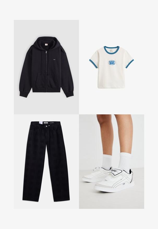 Schwarzer Kapuzenpullover mit Reißverschluss, Fronttaschen, Kordelzug an der Kapuze und kleinem weißen "Levi's" Logo auf der Brust, dargestellt vor einem schlichten hellen Hintergrund.; Weißes Vans T-Shirt mit kurzen Ärmeln und blauer Einfassung an Kragen und Ärmeln, mit einem blauen Vans-Logo in einer ovalen Form auf der Brust.; Schwarze, schmal zulaufende Jeans aus festem Gewebe mit Vordertaschen, Knopfleiste und einem dezenten Logoetikett am Bund.; Weiße Sportschuhe mit einem glatten synthetischen Obermaterial, schwarzen Akzenten und einem Klettverschluss. Ausgestattet mit weißen gerippten Socken und einem schlichten Sohlen-Design.