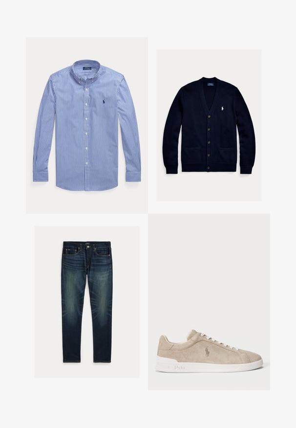 Navyblauwe gebreide cardigan met een V-hals, knopen aan de voorkant, twee voorzakken en een klein wit logo op de borst. Zachte textuur en comfortabele pasvorm.; Blauw-wit verticale gestreepte blouse met lange mouwen, knopen en een button-down kraag, met Polo Ralph Lauren-logo op de borst.; Donkerblauwe slim-fit jeans met vervaagde details, vijfzakkenontwerp en knoopsluiting, plat gelegd op een witte achtergrond.; Beige suède sneaker met witte veters en zool, geborduurd Polo-logo aan de zijkant en "Polo" in reliëf op de zool.