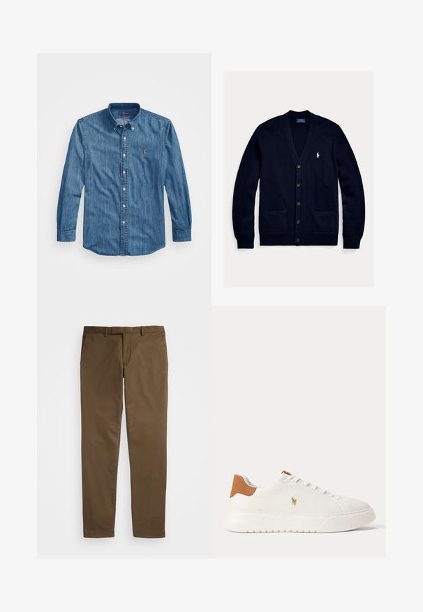Navyblauwe gebreide cardigan met een V-hals, knopen aan de voorkant, twee voorzakken en een klein wit logo op de borst. Zachte textuur en comfortabele pasvorm.; Button-down spijkerblouse in middentint blauw met een puntige kraag, lange mouwen en een klein geborduurd logo op de borst. Zachte textuur.; Bruine katoenen broeken met een rechte pijp, voorzien van een klassieke rits, zijzakken en een nette afwerking van de zoom.; Witte lage sneaker met beige hieltab, witte veters en klein geborduurd polo spelerlogo aan de zijkant boven een dikke zool.