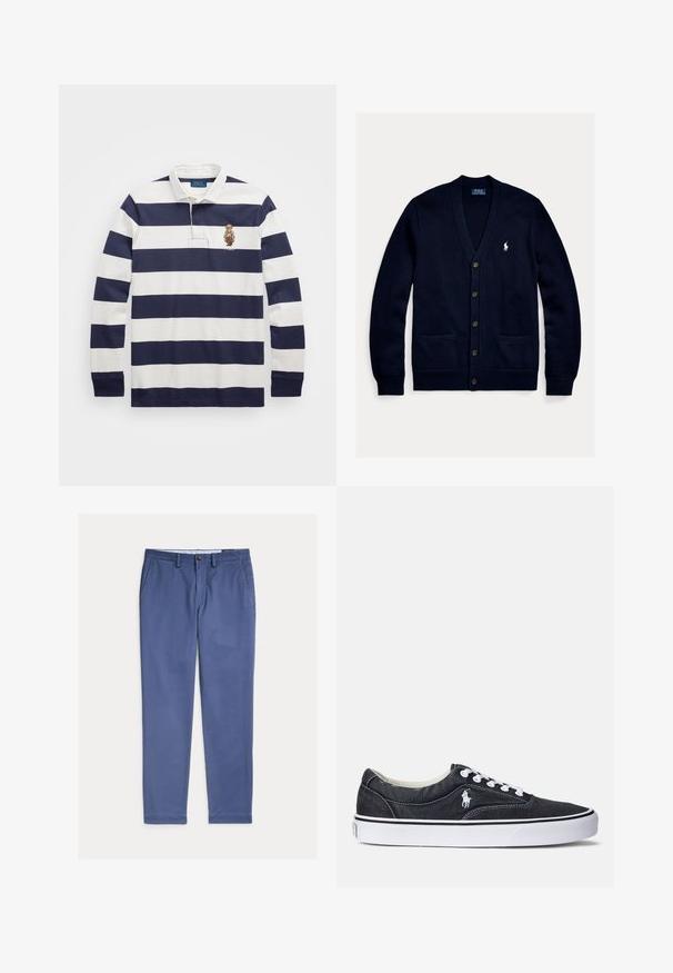 Tumesinine kudumiste kardiigan, V-kaeluse, nupukinnituse, kahe esipocketiga ja väikese valge logoga rinnal. Pehme tekstuur ja lõdvene sobivus.; Polo Ralph Lauren CLASSIC FIT POLO BEAR RUGBY SHIRT - Pikkade varrukatega topp - blu; Sinised sirgelõikelised püksid vöökõrtega, ees nööpidega suletavad ja küljetaskutega, laotatud valgele taustale.; Mustad denimist sneakers valgetest paeltest ja kummist tallaosast. Küljel on väike valge logo ja kontrastne õmblemine. Lame disain.