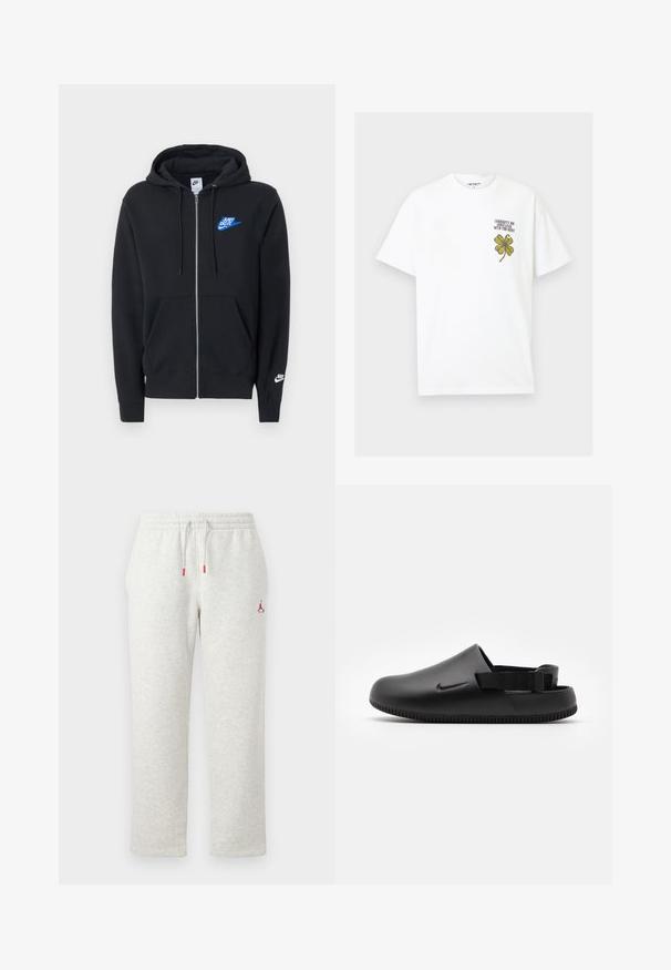 Schwarzer Kapuzenpullover mit Reißverschluss, Fronttaschen, Kordelzugkapuze, blauem "Just Do It"-Logo auf der Brust und weißem Nike-Logo auf dem linken Ärmel.; Weißes Baumwoll-T-Shirt mit einem grünen vierblättrigen Kleeblatt-Graphic und dem auf die Brust gestochenen Text "Carhartt WIP Viel Glück für den Rest".; Hellgraue Jogginghose mit elastischem Bund und Kordelzug, mit kleinem rotem Jumpman-Logo am linken Oberschenkel.; Schwarze geformte Clogs mit glatter Textur, einem Hinterriemen für Stabilität und einer geriffelten Sohle für Grip. Mit kleinem Logo an der Seite.
