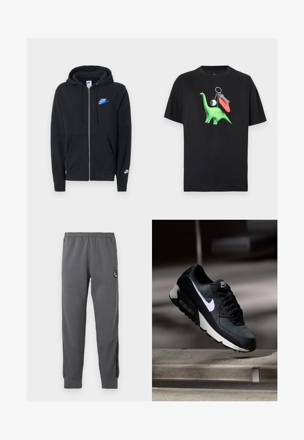 Zwarte hoodie met rits, voorkantzakken, capuchon met trekkoord, blauwe "Just Do It"-logo op de borst en wit Nike-logo op de linkermouw.; Zwart T-shirt met een groene dinosaurusafbeelding met een oog en sleutelhangeraccenten. Het ontwerp is speels en modern, geschikt voor casual gebruik.; Grijze sweatpants van zacht materiaal met een elastische tailleband, taps toelopende benen, zijpanelen en een ronde logo patch.; Zwart-grijze Nike Air Max sneaker met witte swoosh, zwevend boven een betonnen oppervlak tegen een wazige donkere achtergrond.