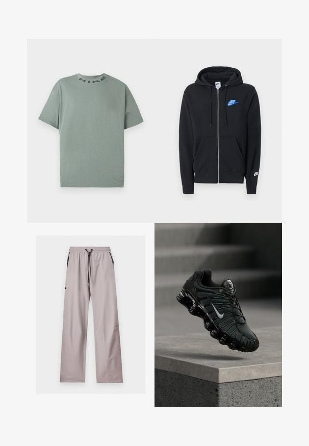 Sort lynlåshoodie med forlommer, snørehætte, blå "Just Do It"-logo på brystet og hvid Nike-logo på venstre ærme.; Lys grøn kortærmet Nike t-shirt med rund hals og sort "NIKE" tekst nær kraven, præsenteret på en helt hvid baggrund.; Lysegrå løstsiddende bukser med elastisk talje, sort justerbar snor og sidelommer med sorte lynlåse.; Sort og mørkegrå Nike løbesko med hvid swoosh-logo, svævende over en betonafdækning med trapper i baggrunden.