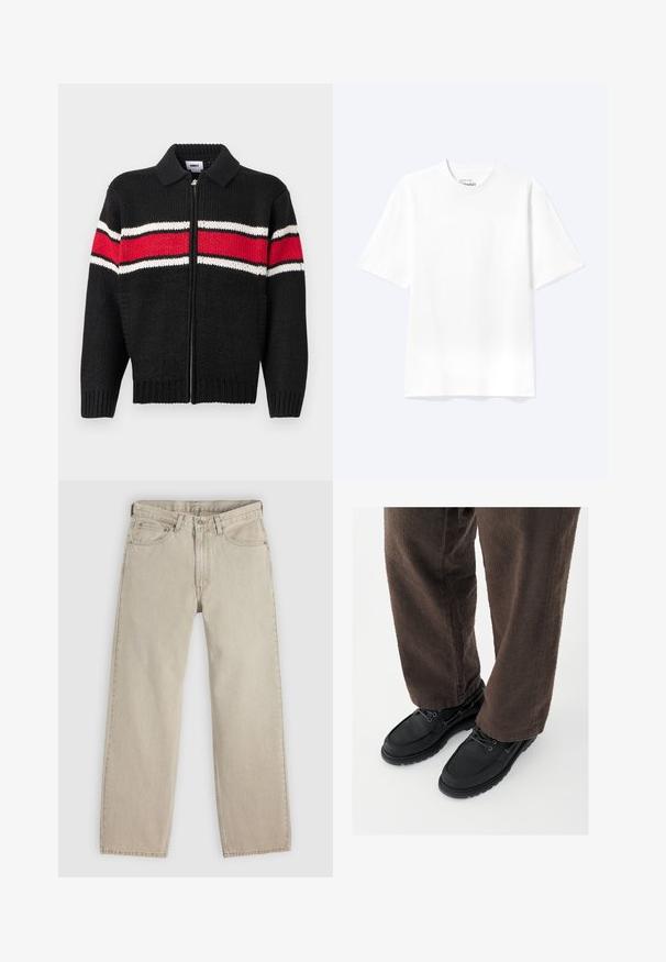 Cardigan noir en maille avec une fermeture éclair sur le devant, présentant des accents rayés rouges et blancs sur la poitrine et les manches, et un col à revers.; T-shirt blanc uni à manches courtes et col rond avec une coupe décontractée, présenté sur un fond clair.; Jean en denim beige à coupe ample, doté de cinq poches, d'une fermeture boutonnée et à glissière, avec des surpiqûres visibles le long des coutures.; Chaussures en cuir noir avec une finition lisse, bout arrondi et design à lacets, associées à un pantalon marron texturé. Vue en contre-plongée.