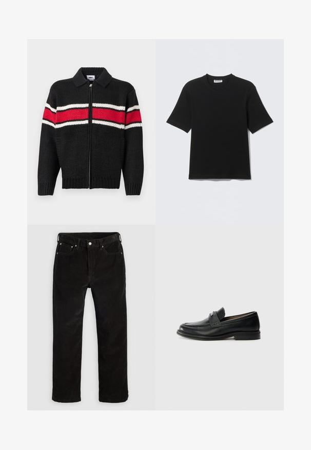 Sort strikket cardigan med lynlås foran, der har røde og hvide stribede detaljer over brystet og ærmerne samt en krave.; Sort kortærmet T-shirt med rund hals og "WEEKDAY" mærke på indersiden af kraven, vist fladt på en lys baggrund.; Sorte corduroy lige bukser med frontknap, lynlås, bæltestropper og fem-lomme design på en ensfarvet lys baggrund.; Sorte læder loafers med en glat finish, der har et tekstureret øverste bånd, lav hæl og minimale syninger.