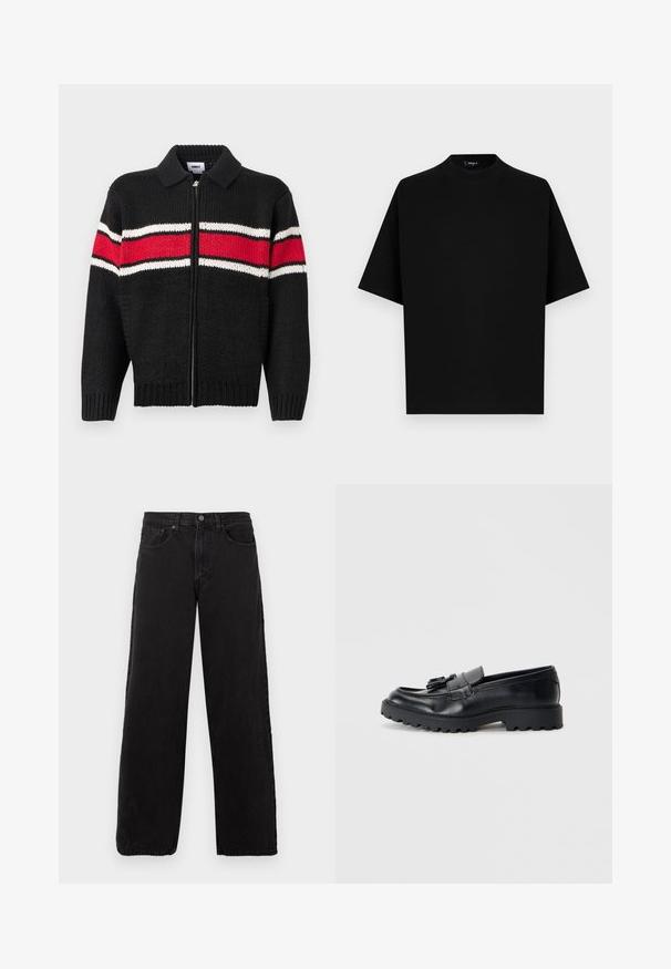 Cardigan noir en maille avec une fermeture éclair sur le devant, présentant des accents rayés rouges et blancs sur la poitrine et les manches, et un col à revers.; T-shirt noir à manches courtes avec col rond et coupe ample sur fond blanc uni.; Jean en denim noir avec une coupe droite, un style à cinq poches et une fermeture à bouton. Tissu texturé et esthétique minimaliste.; Mocassins en cuir noir avec une finition brillante, semelle en caoutchouc épaisse et détail de frange décoratif à l'avant.