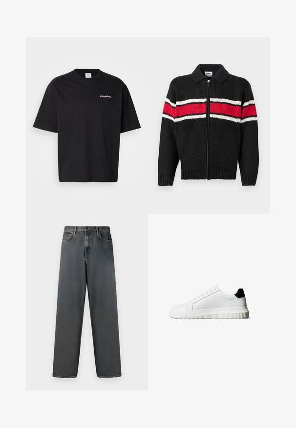 Schwarze Strickjacke mit Reißverschluss vorne, mit rot-weißen Streifenakzenten über der Brust und an den Ärmeln sowie einem Kragen.; Schwarzes Baumwoll-T-Shirt mit lockerer Passform, kurzen Ärmeln und einem weißen Calvin Klein-Logo auf der Brust gedruckt. Glatte Textur, Rundhalsausschnitt.; Dunkelgraue Jeans aus Denim mit einem geraden Bein-Design, fünf Taschen und einem Knopf- und Reißverschluss. Der Stoff zeichnet sich durch subtile Ausbleichungen und Nähte aus.; Weiße Leder-Sneaker mit schwarzem Fersenakzent, ausgestattet mit flachen Schnürsenkeln, einer abgerundeten Schuhspitze und einer gerippten Gummisohle für besseren Halt.