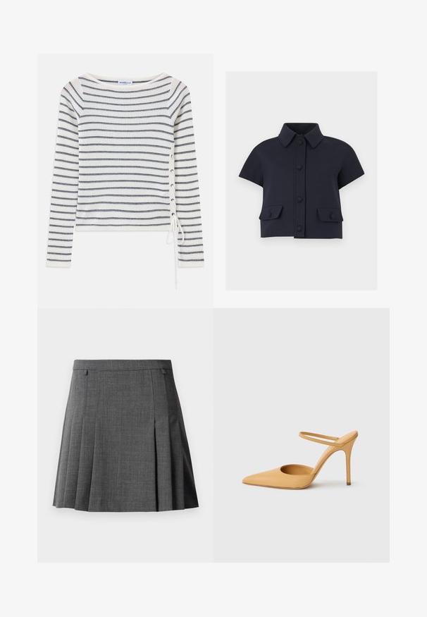 Stribet langærmet top i hvid og navy, med en bred halsudskæring og snørredetaljer på siden. Fremstillet af et struktureret strikket stof.; Kortærmet cropped navy jakke med spids krave, frontknaplukning og to klaplommer med knapper.; Grå plisseret nederdel med en tætsiddende talje, lavet af et glat, medium-vægt stof.; Beige spidse stilettohæle med en tynd ankelrem på en hvid baggrund.