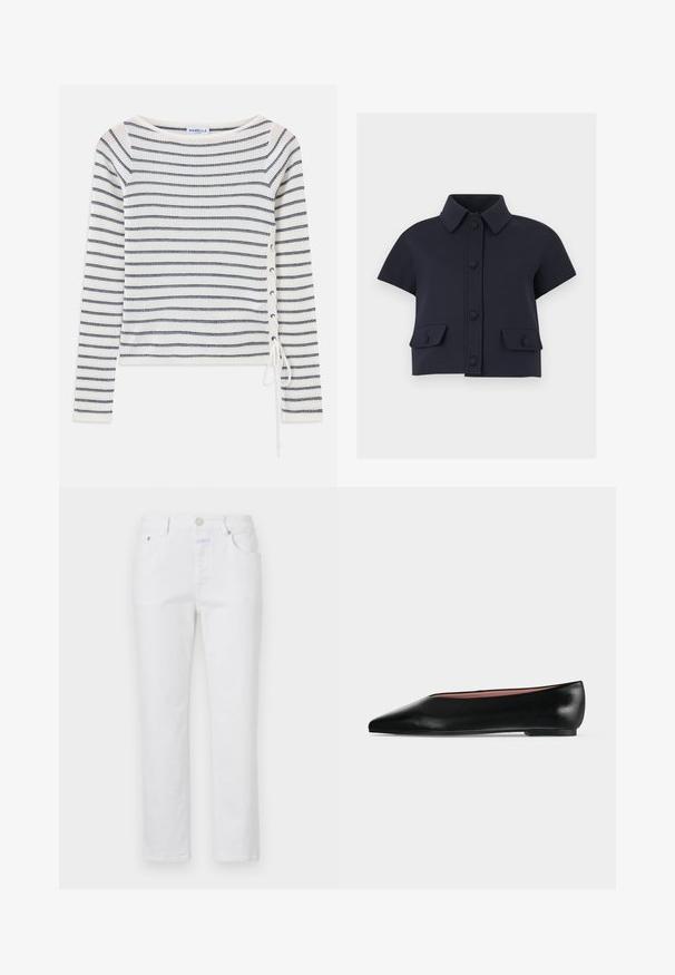 Haut à rayures à manches longues en blanc et marine, avec un large col et un détail à lacets sur le côté. Confectionné en tissu tricoté texturé.; Veste courte bleu marine à manches courtes avec col pointu, fermeture boutonnée à l'avant et deux poches à rabat avec boutons.; Jeans en denim blanc avec une coupe droite, cinq poches et une fermeture à bouton en métal. Présente une texture subtile et des coutures légères.; Chaussure plate en cuir noir pour femme, avec bout pointu et petit talon, vue de côté sur un fond gris clair uni.