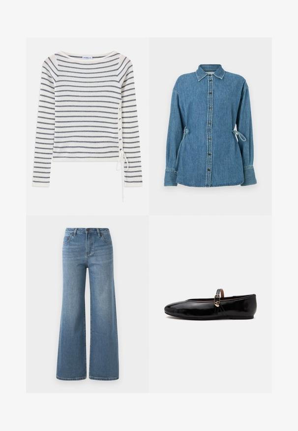 Gestreepte lange mouw top in wit en marineblauw, met een wijd uitgesneden halslijn en vetersluiting aan de zijkant. Gemaakt van een gestructureerde gebreide stof.; Denim shirt, lichtblauw, met een knoopsluiting aan de voorkant, kraag en gestrikte zijkanten. Heeft lange mouwen en een ontspannen pasvorm. De knopen zijn van metaal.; Lichtblauwe wijde denim jeans met hoge taille, knoop- en ritssluiting en voorzakken.; Zwarte glanzende platte schoen met een dunne enkelriem en kleine gouden hartvormige gesp op een effen lichte achtergrond.