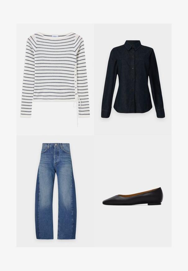 Stribet langærmet top i hvid og navy, med en bred halsudskæring og snørredetaljer på siden. Fremstillet af et struktureret strikket stof.; CLOSED SEAMING SHIRT - Skjortebluser - dark blue; Denimjeans i en lys til mørk blå gradient, med et afslappet, bredt benfit, fem-lomme design og synlige syninger.; Sort læder flad sko med spids tå, lav hæl og glat finish, vist fra siden på en lysegrå baggrund.