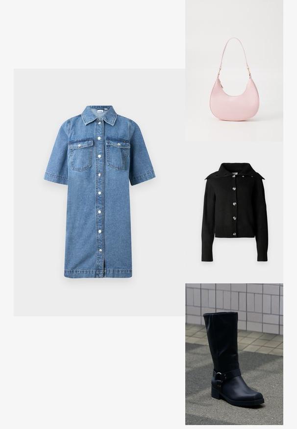 Sort cardigan med krave-design, sølvknapper og ribbede ærmer og kant. Lavet af blødt strikstof med en glat tekstur.; Denim skjortekjole, lyseblå farve, korte ærmer, knaplukning foran, to brystlommer, lige snit og let flaret kant.; Sort læderstøvle midt på læggen med lav blokhæle og en dekorativ rem med metal spænde rundt om anklen, på en flisebelagt fortov.; Call it Spring CELESTY - Håndtasker - other pink