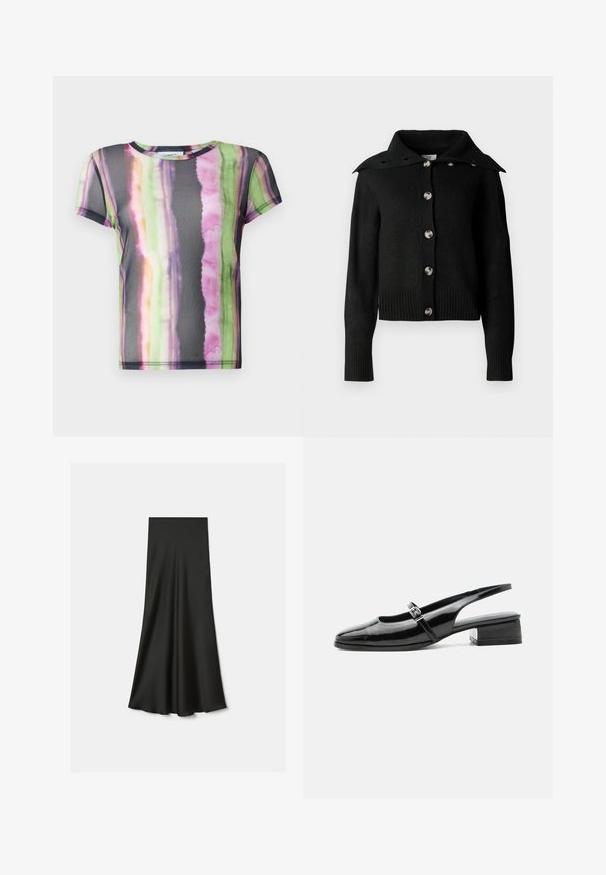 Sort cardigan med krave-design, sølvknapper og ribbede ærmer og kant. Lavet af blødt strikstof med en glat tekstur.; Kortærmet T-shirt lavet af transparent stof, der har et farverigt akvarelstribemønster i grønne, pink og lilla nuancer.; Sort, gulvlængde nederdel lavet af glat, letvægtigt stof med en klokkeformet design og ingen synlige lukninger eller mønstre.; Sort laklæderslingback-sko med lav blokhæl og tynd rem med sølvspænde over toppen.
