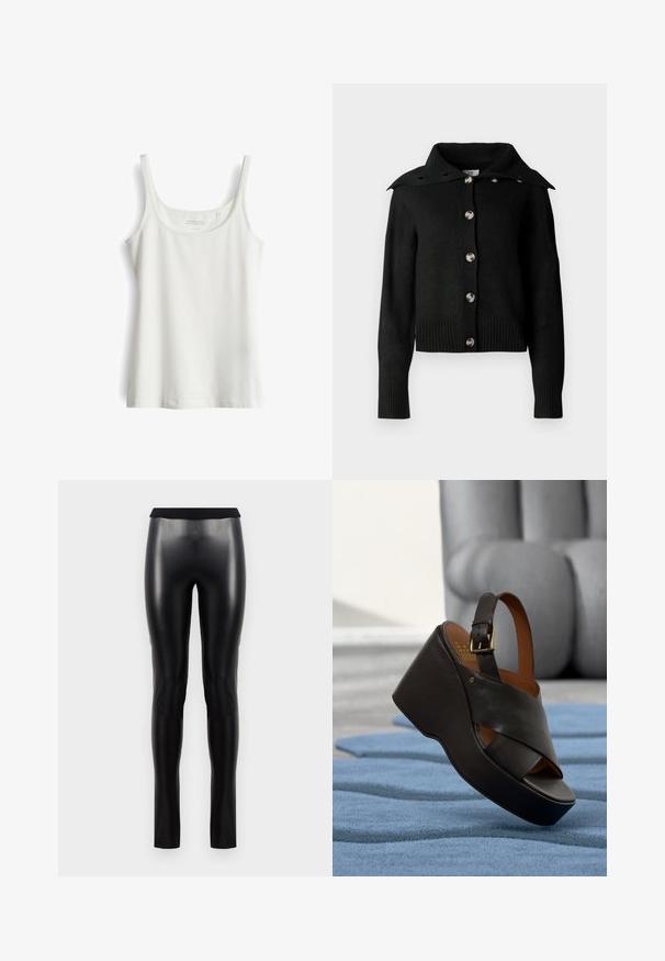 Cardigan noir avec un design à col, des boutons en argent et des poignets et un ourlet côtelés. Fabriqué en tissu tricoté doux avec une texture lisse.; Débardeur blanc sans manches avec un col rond. Fabriqué en tissu doux et lisse. Présente un ourlet simple et droit, sans motifs ni accents.; Leggings en simili cuir noir avec une texture lisse, une silhouette ajustée et une large ceinture. Aucune couture ni motif visible.; Sandale compensée en cuir noir avec brides croisées et bride à boucle à la cheville sur un tapis bleu texturé.