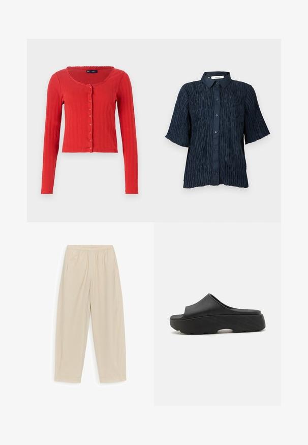 Cardigan rouge à côtes avec un col rond, des manches longues et une fermeture à boutons sur le devant, avec un laçage décoratif en forme de coquille au niveau du col.; Chemise à manches courtes bleu marine avec une surface texturée et froissée, dotée d'une fermeture à boutons à l'avant et d'un col classique.; Pantalon beige taille élastique, coupe droite avec poches latérales, en tissu léger, adapté pour un usage décontracté.; Sabot noir à enfiler avec un dessus largement ouvert, semelle épaisse texturée et semelle intérieure ergonomique. Le matériau semble flexible et durable.