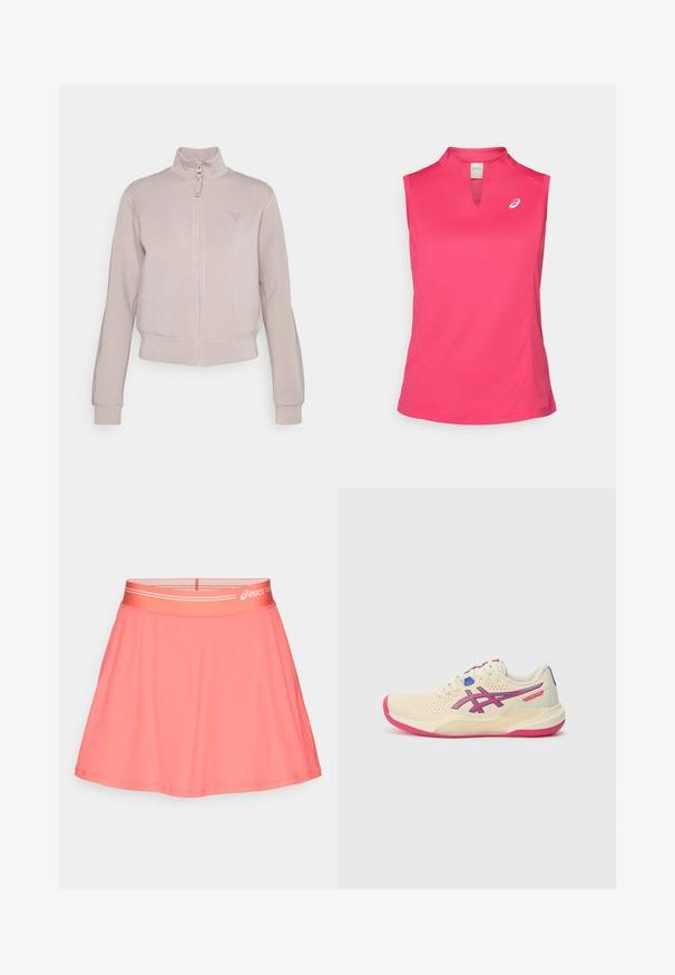 Lichtroze zip-up jasje met hoge kraag, ribgebreide manchetten en een subtiele logo op de borst; gladde, gestructureerde stof en cropped ontwerp.; ASICS COURT TANK - Top - bright rose; Roze atletische rok van geribd stof. Heeft een brede elastische tailleband met een logo en een uitlopende pasvorm voor bewegingsvrijheid.; Crèmekleurige sportschoen met een roze zool, blauwe en paarse accenten, perforeerde bovenkant en een afgeronde neus.
