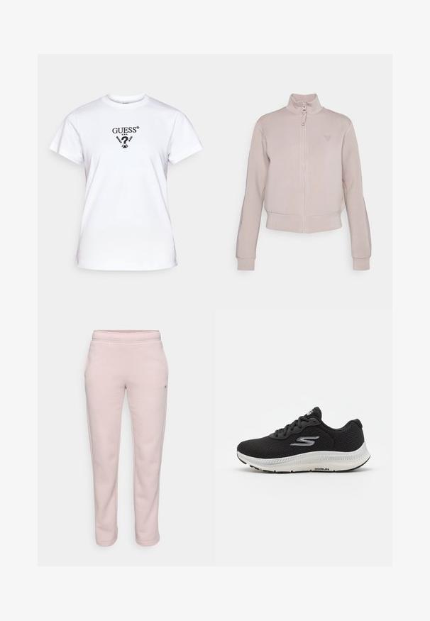 Veste zippée rose clair avec un col haut, des poignets côtelés et un logo subtil sur la poitrine ; tissu lisse et texturé, et design court.; T-shirt en coton blanc avec un col rond, des manches courtes et un imprimé graphique noir avec le texte "GUESS® U.S.A." sur le devant.; Pantalons de survêtement rose clair en tissu doux, avec une coupe décontractée, une taille élastique et des poches latérales. Aucun motif ni élément visible.; Baskets de sport noires avec tige en maille, bout arrondi, lacets et semelle rembourrée blanche contrastante. Présente un logo sur le côté.