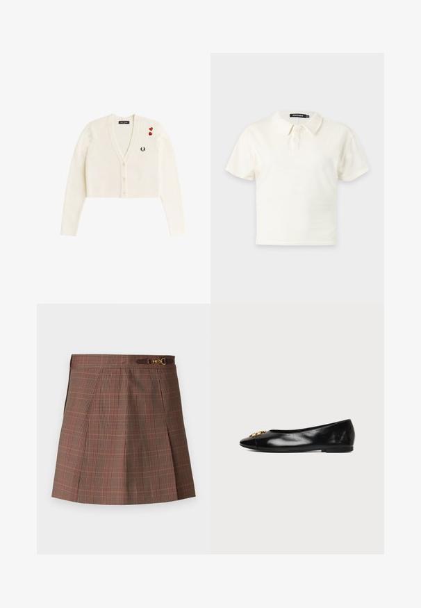 Cardigan blanco corto con escote en V, tres botones, pequeño logo de laurel negro en el pecho y dos parches rojos de corazón en el hombro izquierdo.; Polo blanco de manga corta con dos botones y cuello, mostrado sobre un fondo liso y claro.; Falda de cuadros marrones con acentos en naranja, con un diseño plisado, cintura ajustada y un detalle decorativo de hardware dorado en el cinturón.; Zapato plano de cuero negro con punta afilada y emblema decorativo dorado sobre un fondo blanco liso.