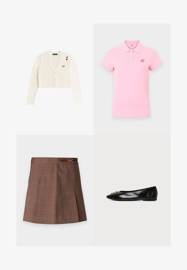 Cardigan blanco corto con escote en V, tres botones, pequeño logo de laurel negro en el pecho y dos parches rojos de corazón en el hombro izquierdo.; Polo de manga corta de color rosa claro con dos botones blancos y pequeñas iniciales rojas bordadas en el pecho izquierdo.; Falda de cuadros marrones con acentos en naranja, con un diseño plisado, cintura ajustada y un detalle decorativo de hardware dorado en el cinturón.; Zapato plano de cuero negro con punta afilada y emblema decorativo dorado sobre un fondo blanco liso.
