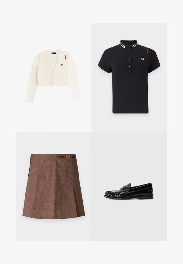 Cardigan blanco corto con escote en V, tres botones, pequeño logo de laurel negro en el pecho y dos parches rojos de corazón en el hombro izquierdo.; Camiseta polo negra de manga corta con cuello a rayas blancas, botones en forma de corazón, logo de laurel bordado y dos pequeños parches rojos en forma de corazón en el hombro.; Falda de cuadros marrones con acentos en naranja, con un diseño plisado, cintura ajustada y un detalle decorativo de hardware dorado en el cinturón.; Mocasines de cuero negro con puntera redondeada, costuras decorativas y un pequeño acento dorado en el empeine. Suela plana de goma, diseño elegante.