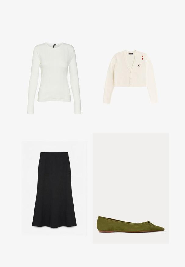 Hvid cropped cardigan med V-udskæring, tre knapper, lille sort lagerbladlogo på brystet og to røde hjerte-patches på venstre skulder.; Hvid langærmet skjorte med rund halsudskæring. Stoffet har et struktureret mønster med lodrette linjer og ribbede detaljer.; Sort A-formet nederdel med høj talje i enkelt, glat stof uden synlige mønstre eller pynt.; Olivengrøn flad balletsko i ruskind med en lille bundet sløjfe på den afrundede spidse tå og en tynd brun sål.