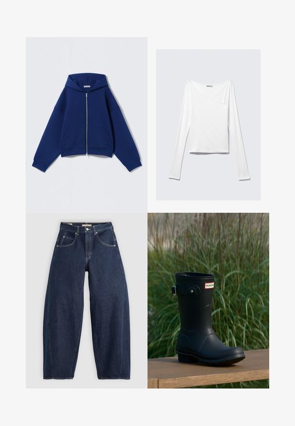 Sweat à capuche zippé bleu marine en tissu doux, doté d'une capuche spacieuse, de poches avant et de poignets côtelés avec une coupe décontractée et surdimensionnée.; Haut blanc à manches longues avec un design croisé et une poche. Fabriqué dans un tissu lisse et extensible. Coupé dans une coupe décontractée et ample.; Jean en denim bleu foncé, à coupe ample, avec des coutures claires, cinq poches et un bouton de fermeture à la taille.; Botte de pluie en caoutchouc noir avec une finition brillante, dotée d'une boucle argentée et d'un écusson de logo. La semelle est texturée pour une meilleure adhérence.