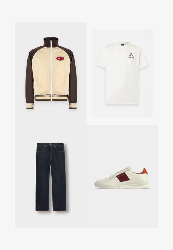 Beige en bruine zip-up jas met hoge kraag, gestreepte manchetten en zoom, met een ronde patch met een rood ontwerp op de linkerkant van de borst.; Witte T-shirt met korte mouwen en ronde hals met zwarte tekst "PS PAUL SMITH" op de linkerborst.; Donkerblauwe straight-leg jeans van denimstof, met riemlussen, voorkanten en contrasterende stiksels. Minimalistisch ontwerp zonder versieringen.; Witte lage sneaker met een bordeaux zijpaneel, gouden tekst "PS Paul Smith", oranje hieltab en een gestructureerde zool op een effen achtergrond.
