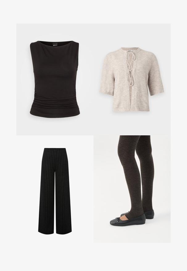 Lys beige strikket cardigan med korte ærmer, åben front og snørredetalje ved halsen. Blød tekstur, afslappet design.; Sort ærmeløs top lavet af strækbart stof, med bådudskæring og sammensyning ved taljen, der giver en tætsiddende silhuet.; Sorte bukser med vide ben, hvide lodrette nålestriber og høj talje, vist fladt på en hvid baggrund.; Ben iført mørke ribbede leggings kombineret med sorte balletsko med små sløjfedetaljer på hvid baggrund.