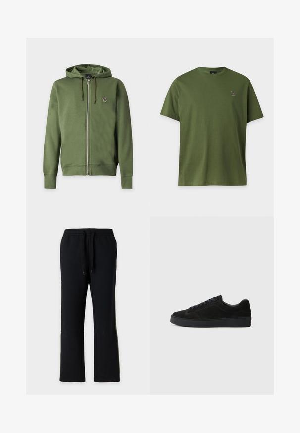 Sweat à capuche zippé vert olive avec cordons et petit logo zèbre multicolore brodé sur la poitrine gauche.; T-shirt vert olive uni à manches courtes avec un petit logo zèbre multicolore sur la poitrine gauche sur un fond clair.; Pantalon de jogging noir à coupe droite avec taille élastique et cordons noirs, présenté sur un fond gris clair uni.; Basket en suède noire avec une semelle plate et texturée, un bout rond, six œillets pour les lacets et un design minimaliste.