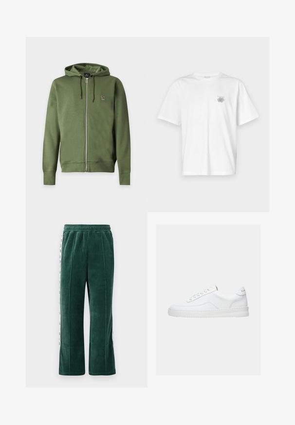 Olivengroene zip-up hoodie met trekkoorden en een klein geborduurd meerkleurig zebralogo op de linkerborst.; Witte t-shirt van katoen met korte mouwen, een ronde hals, en een klein grijs logo op de linker borstzijde. Soepele textuur.; Donkergroene velours joggingbroek met elastische tailleband, featuring verticale naden en witte zijpanelen met zwarte tekst. Rechte snit.; Witte lage sneaker met vetersluiting, glad leren bovenwerk en dikke zool, gezien vanuit de zijkant tegen een effen achtergrond.