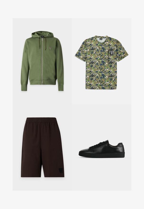 Sweat à capuche zippé vert olive avec cordons et petit logo zèbre multicolore brodé sur la poitrine gauche.; T-shirt à manches courtes arborant un motif camouflage dans des tons de vert, bleu marine et beige, avec une poche et une étiquette à l'avant.; Shorts marron à taille élastique avec poches latérales, en tissu texturé, et un logo brodé noir sur la jambe gauche.; Basket basse en cuir noir avec lacets noirs et semelle épaisse noire, vue de profil sur fond gris clair.