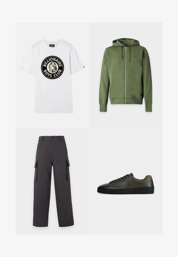 Sudadera con capucha verde oliva con cremallera, cordones y un pequeño logo de cebra multicolor bordado en el lado izquierdo del pecho.; Camiseta de algodón blanca con un gráfico circular negro y dorado de un astronauta y el texto "BILLIONAIRE BOYS CLUB". Mangas cortas, cuello redondo.; Pantalones cargo en gris oscuro, hechos de tela suave, con dos bolsillos laterales y cierres de botón. Ajuste holgado con puños en los dobladillos.; Zapatilla baja de piel gris oscuro con cordones y suela negros, diseño minimalista, perfil lateral sobre un fondo claro y liso.