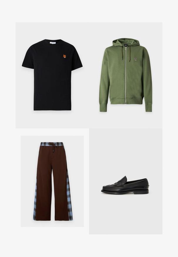 Sweat à capuche zippé vert olive avec cordons et petit logo zèbre multicolore brodé sur la poitrine gauche.; T-shirt en coton noir avec une petite tête de renard brodée sur la poitrine gauche, manches courtes et col rond.; Pantalon large marron avec bandes latérales à carreaux bleus et noirs et taille à lien coulissant.; Mocassin en cuir noir avec un détail tissé à l'avant, bout arrondi et petit talon. Texture lisse et design minimaliste.