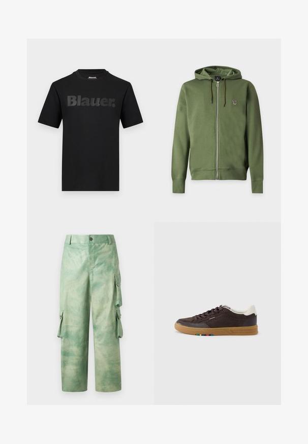 Sweat à capuche zippé vert olive avec cordons et petit logo zèbre multicolore brodé sur la poitrine gauche.; T-shirt noir à manches courtes avec l'inscription "Blauer." en grandes lettres gris foncé sur la poitrine et un col rond.; Les Benjamins VINTAGE PANT - Pantalon en cuir - army green; Baskets en daim brun foncé avec semelle gomme, languette blanche au talon, fermeture à lacets et petit détail multicolore sur le côté de la semelle.