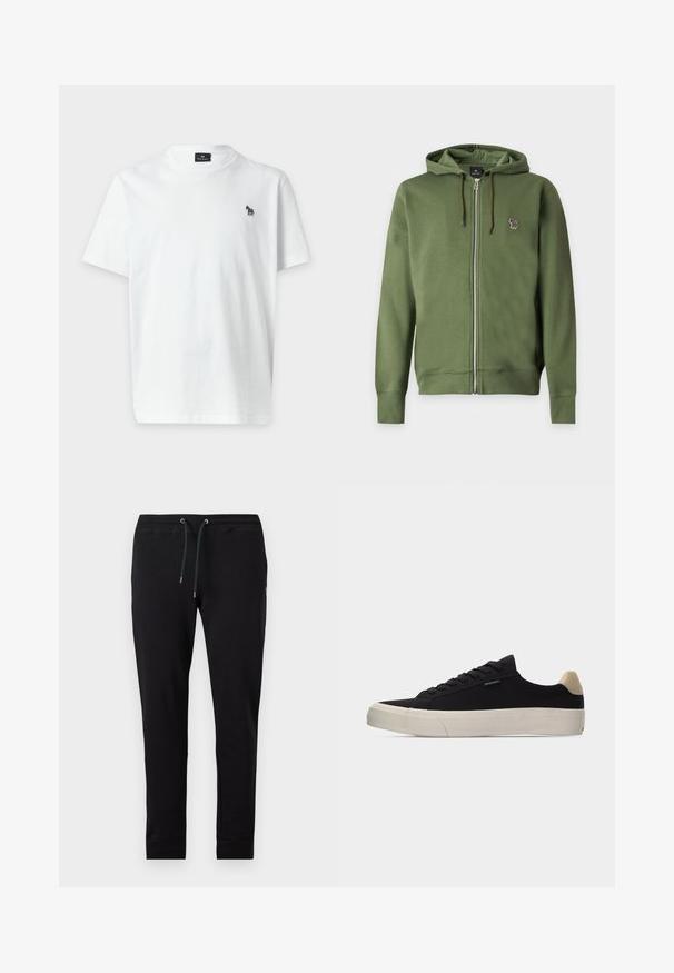 Sweat à capuche zippé vert olive avec cordons et petit logo zèbre multicolore brodé sur la poitrine gauche.; T-shirt blanc uni à manches courtes avec un petit logo zèbre multicolore sur le côté gauche de la poitrine et un col rond.; Pantalon de jogging noir slim fit avec taille élastique et cordon noir, chevilles resserrées, présenté sur un fond clair uni.; Baskets basses noires avec languette beige au talon, semelle en caoutchouc blanche épaisse, lacets noirs et petite étiquette "PS Paul Smith" sur le côté.