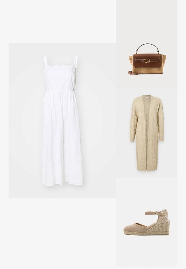 Gilet beige avec un motif de tricot en câble, ouvert sur le devant, à manches longues et avec deux poches avant. Texture douce et design mi-long.; Robe en coton blanc avec des bretelles spaghetti ajustables, ornée de détails en dentelle à l'encolure, et une jupe fluide et froncée.; Chaussure compensée espadrille beige avec un dessus en tissu, une bride de cheville et une semelle en jute tissé. Le talon présente un panneau d'accent texturé.; Sac à main rectangulaire en paille tressée avec rabat en cuir marron, boucle dorée, poignée supérieure et bandoulière amovible sur fond blanc.