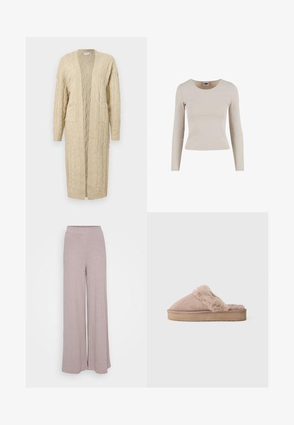 Beige neulepusero, jossa on kaapelikudontamalli, avoin etuosa, pitkät hihat ja kaksi etutaskua. Pehmeä rakenne ja puolipitkä muoto.; Vaaleanbeige pitkähihaine paita, joka on valmistettu ribbineuloksesta. Ominaisuuksina pyöreä pääntie ja tiukka malli. Lähes sileä pinta ilman näkyviä kuvioita.; Löysät jalat, jotka on valmistettu pehmeästä, poimullisesta kankaasta vaaleanlilan värissä. Ominaisuuksiin kuuluu joustava vyötärö mukavuutta varten ja virtaava siluetti.; Beige liukusis šlepetės su storu padu ir puriu kailiu aplink angą, parodytos profilyje ant paprasto fono.
