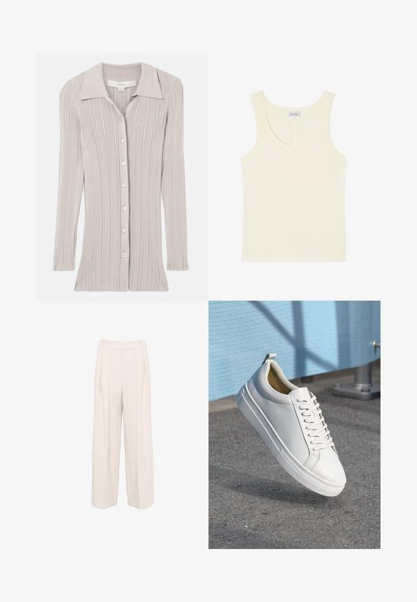 Lys grå ribbet cardigan med lange ærmer, en klapkrave og seks runde knapper foran. Struktureret stof med lodrette linjer.; Flødefarvet ærmeløs tanktop med rund halsudskæring og et lille mærke med brandnavn indeni bagpå.; Vide benbukser i en lys beige farve. Fremstillet af et blødt, struktureret stof med dobbelt plisseringer og en høj talje design.; Hvide lædersneakers med flade snørebånd, rund tå, gummisål og en lille løkke ved hælen. Glat tekstur med minimale designdetaljer.